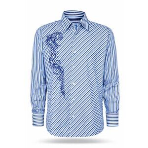 Mens DANIEL ELLIS Blue Stripe Pattern Shirt Button-up Sz. L Embroidery Chest